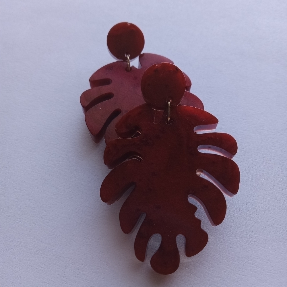 3/$45 Red resin leaf and stud handcrafted earrings holiday fall Christmas boho - Picture 2 of 4